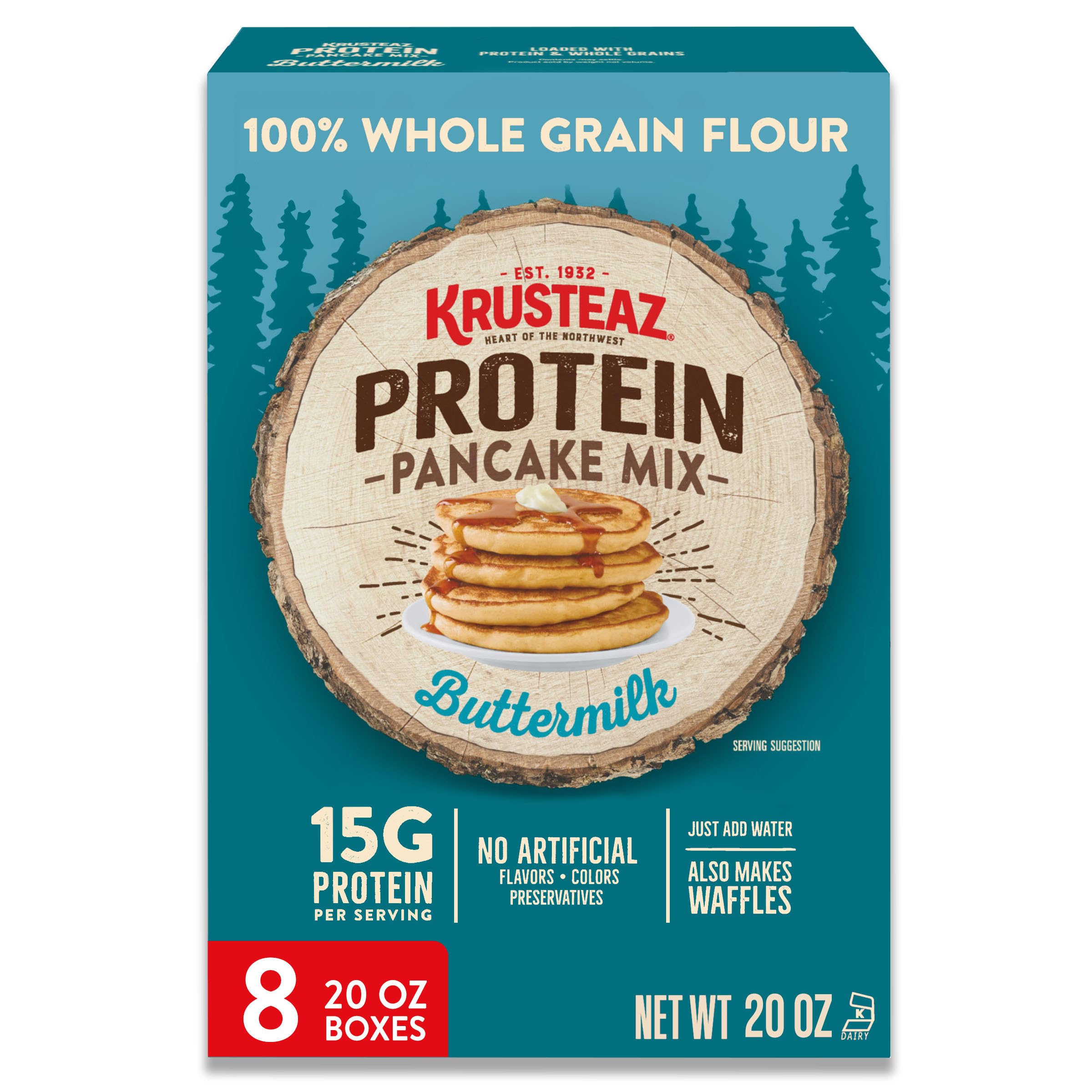 Krusteaz Protein Buttermilk Pancake Mix box front for easy meal planning.