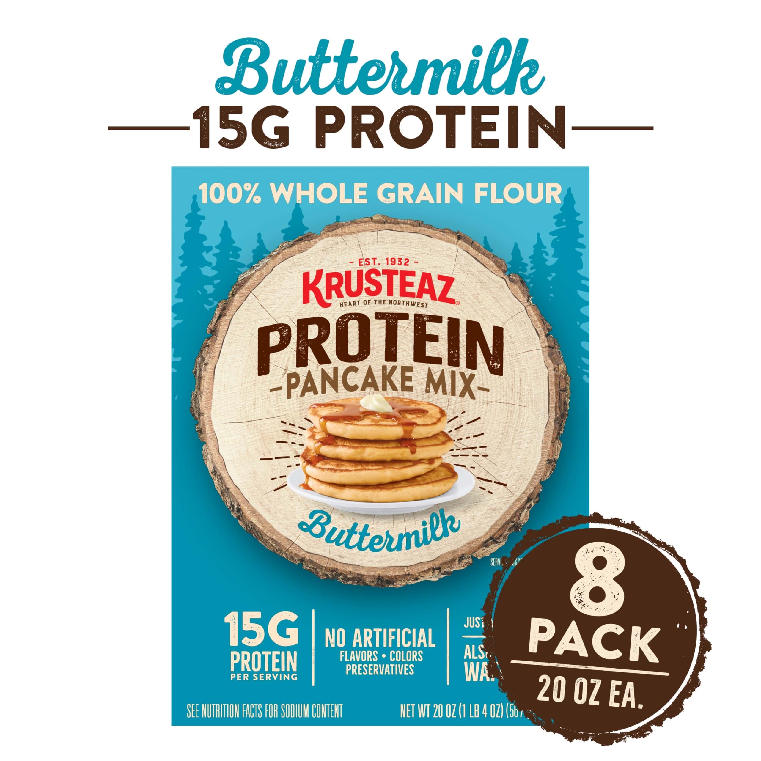 Krusteaz pancakes stack with golden brown edges.