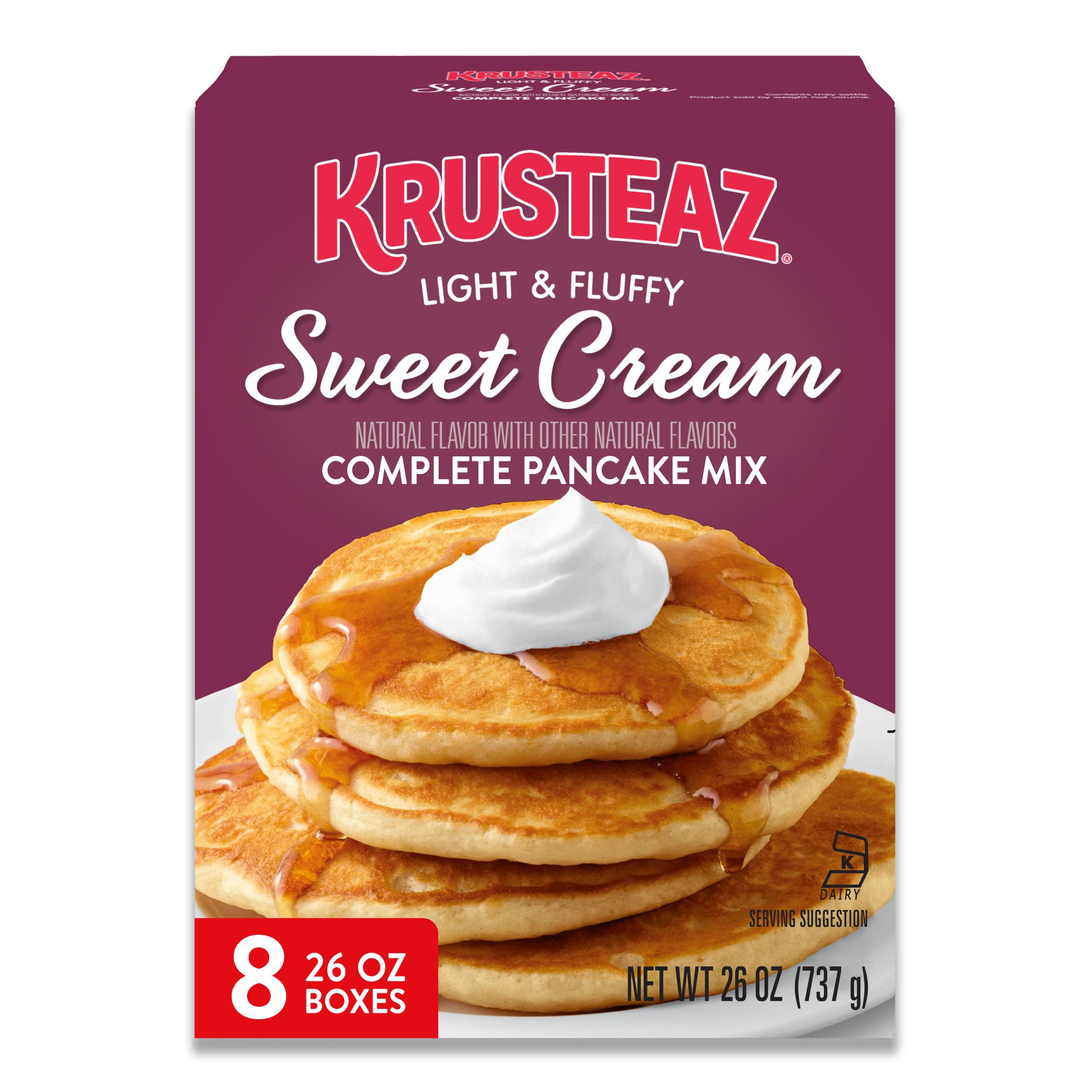 Krusteaz Sweet Cream Pancake Mix boxes eight-pack for quick, comforting breakfasts.