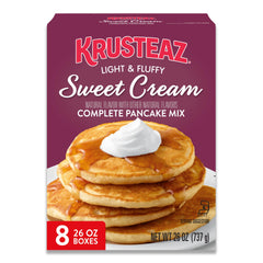 Krusteaz Sweet Cream Pancake Mix boxes eight-pack for quick, comforting breakfasts.
