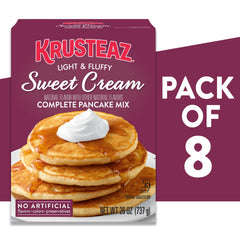 Stack of light, fluffy Krusteaz Sweet Cream Pancakes ready to eat.