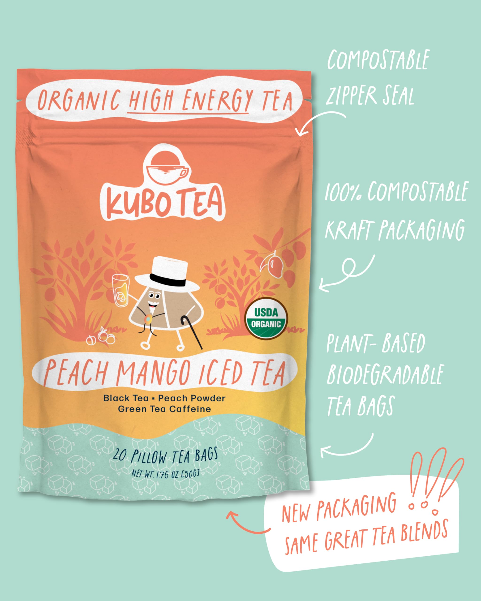 Kubo Tea compostable packaging appeals to eco-minded shoppers seeking a greener caffeine option.