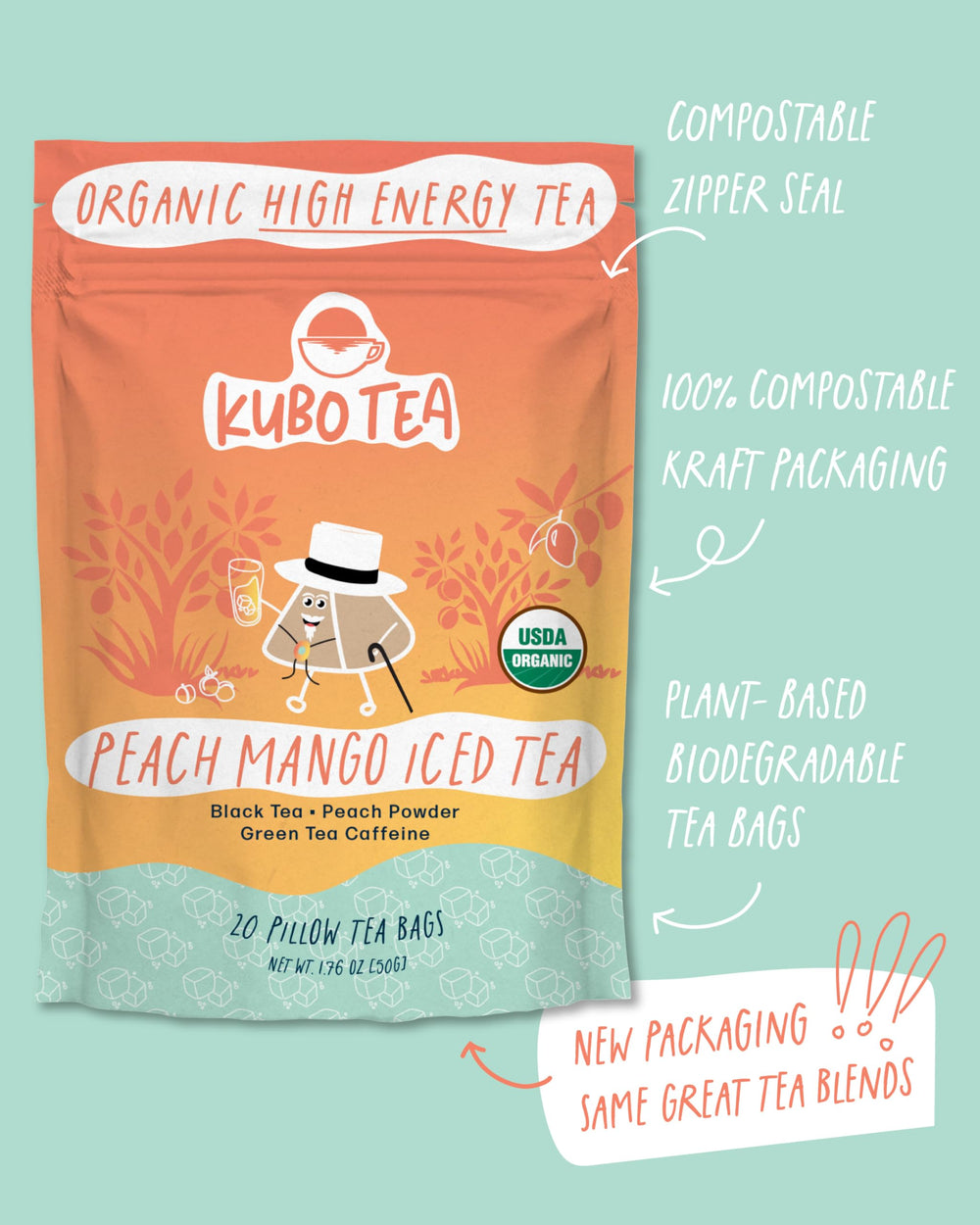 Kubo Tea compostable packaging appeals to eco-minded shoppers seeking a greener caffeine option.