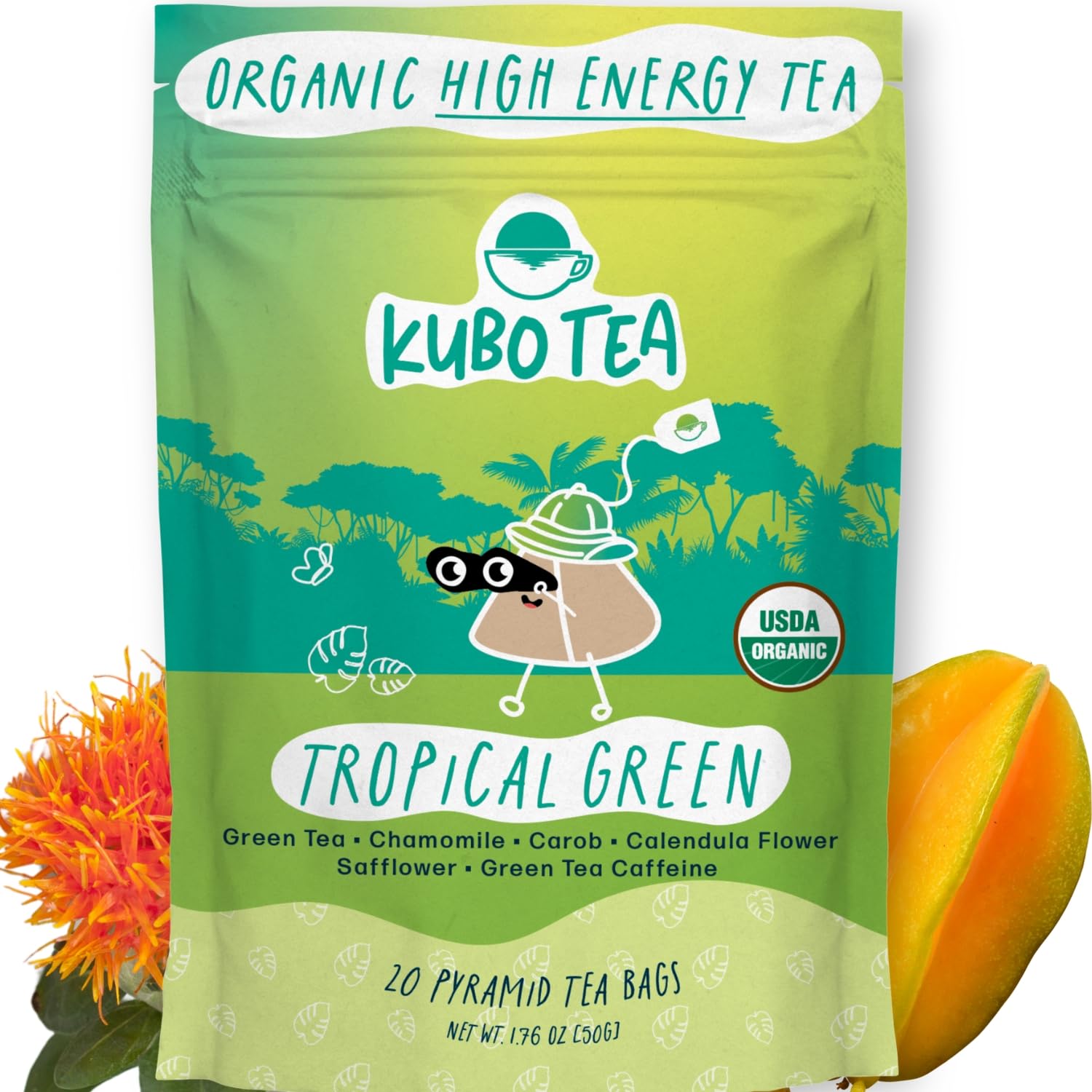 Kubo Tea high-caffeine green tea bags with tropical notes for focused mornings.