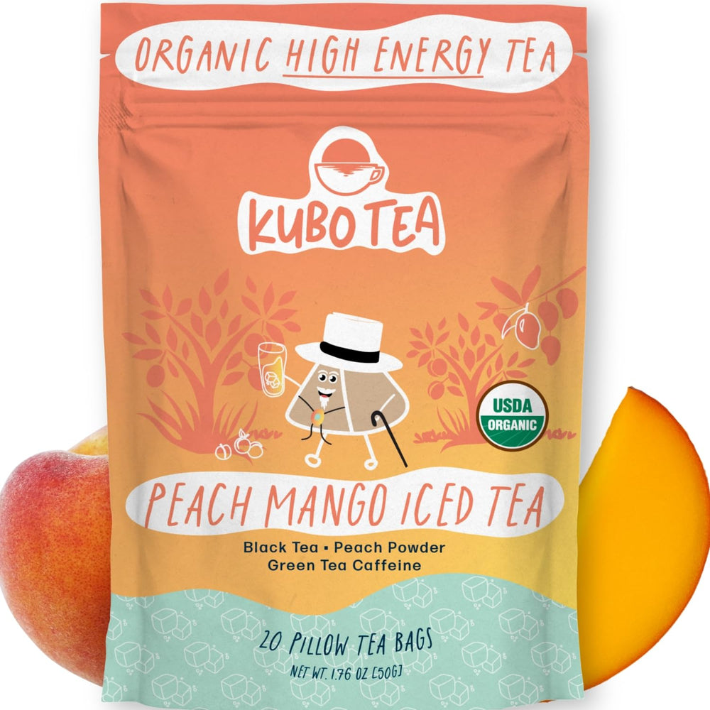 Kubo Tea high caffeine iced tea peach mango bags offer fruity energy for on-the-go days.