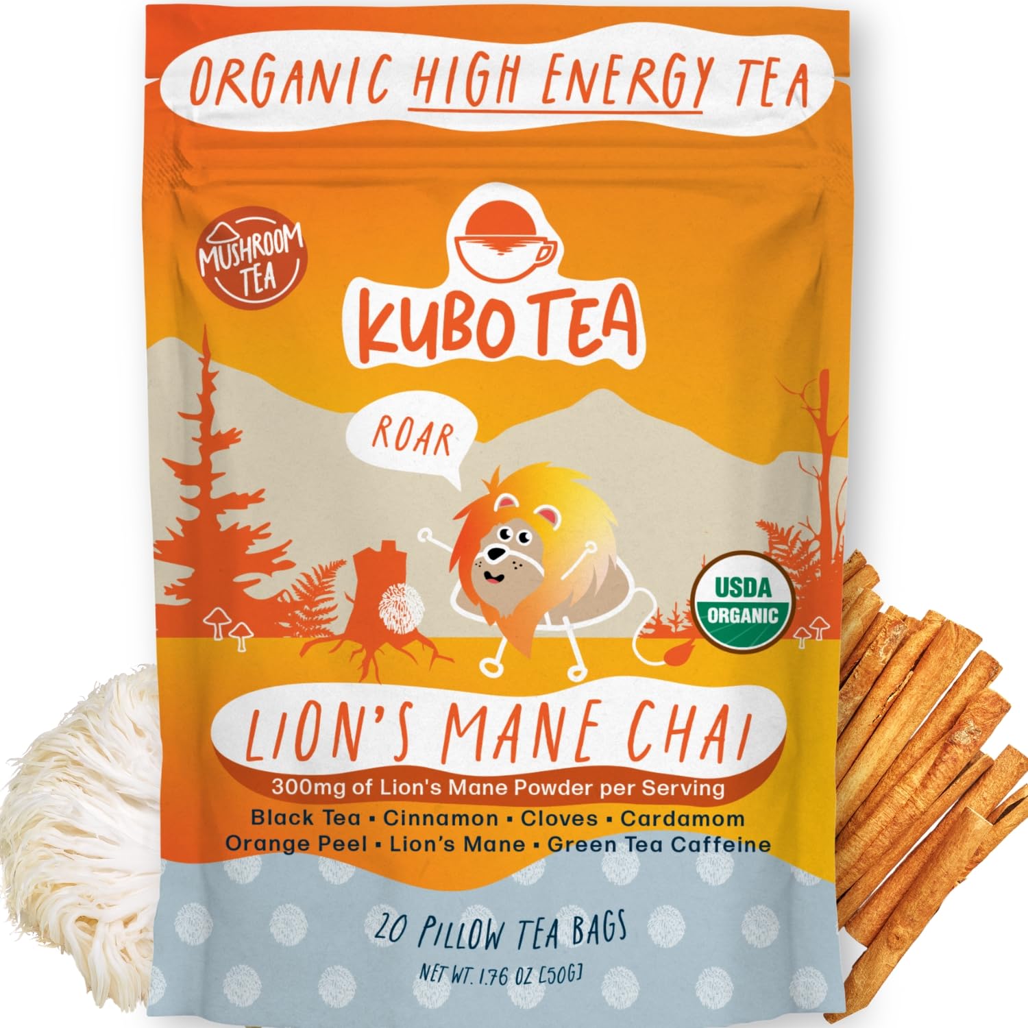 Kubo Tea Lions Mane mushroom tea bottle pour supports focused work