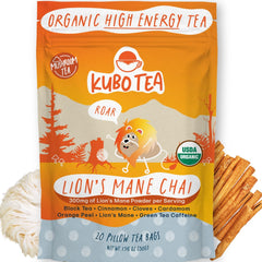 Kubo Tea Lions Mane mushroom tea bottle pour supports focused work