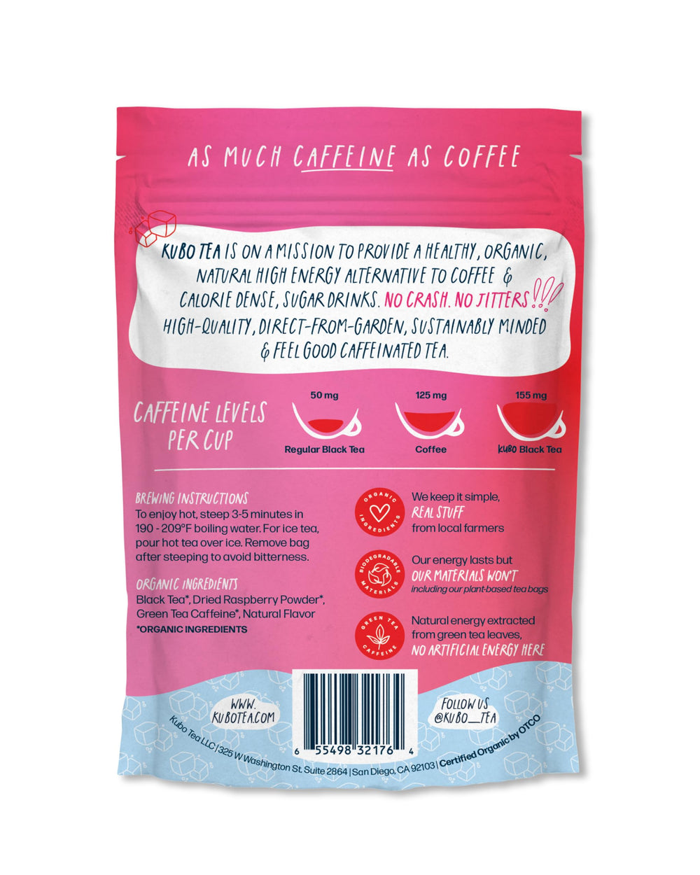 Kubo Tea organic raspberry black tea label emphasizes natural ingredients.