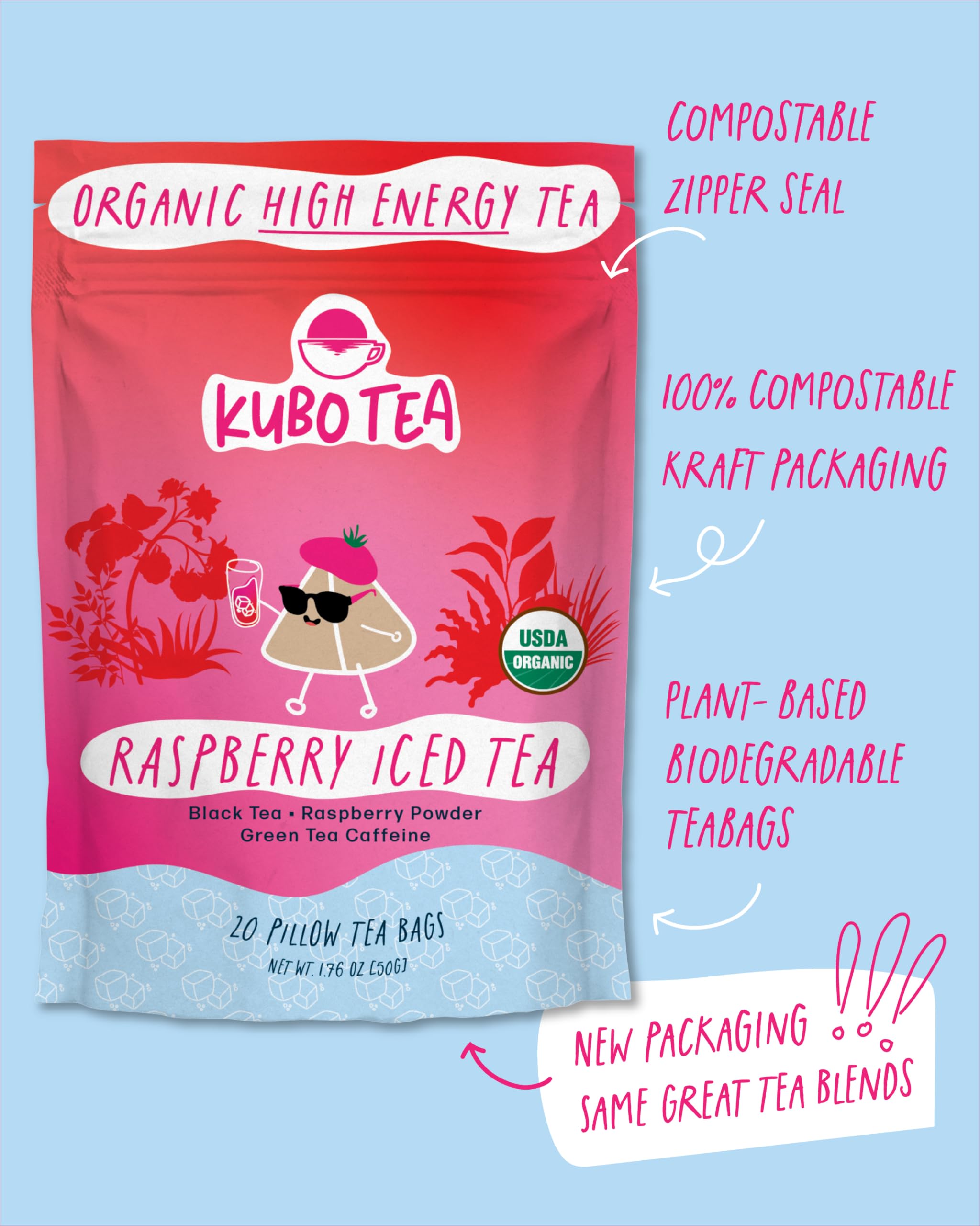 Kubo Tea tea bag close-up highlights premium organic blend for daily use.