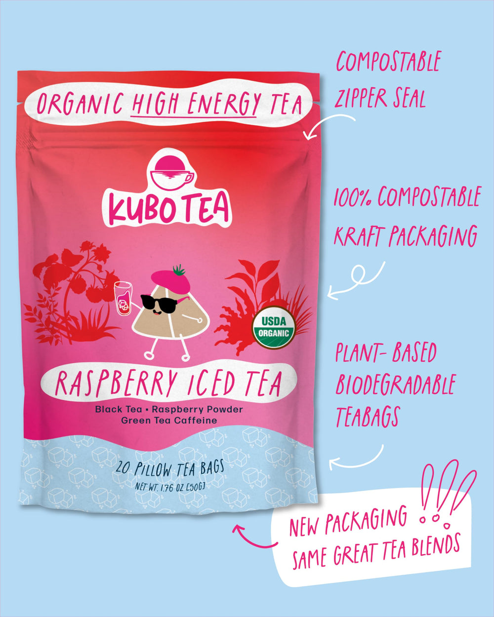 Kubo Tea tea bag close-up highlights premium organic blend for daily use.