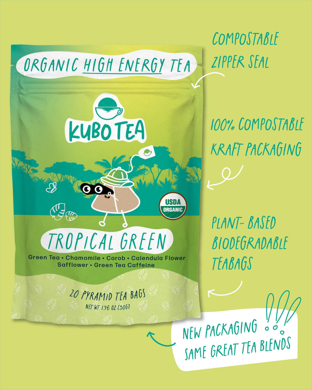 Kubo Tea USDA Organic vegan ingredients on pack emphasize clean-label quality.