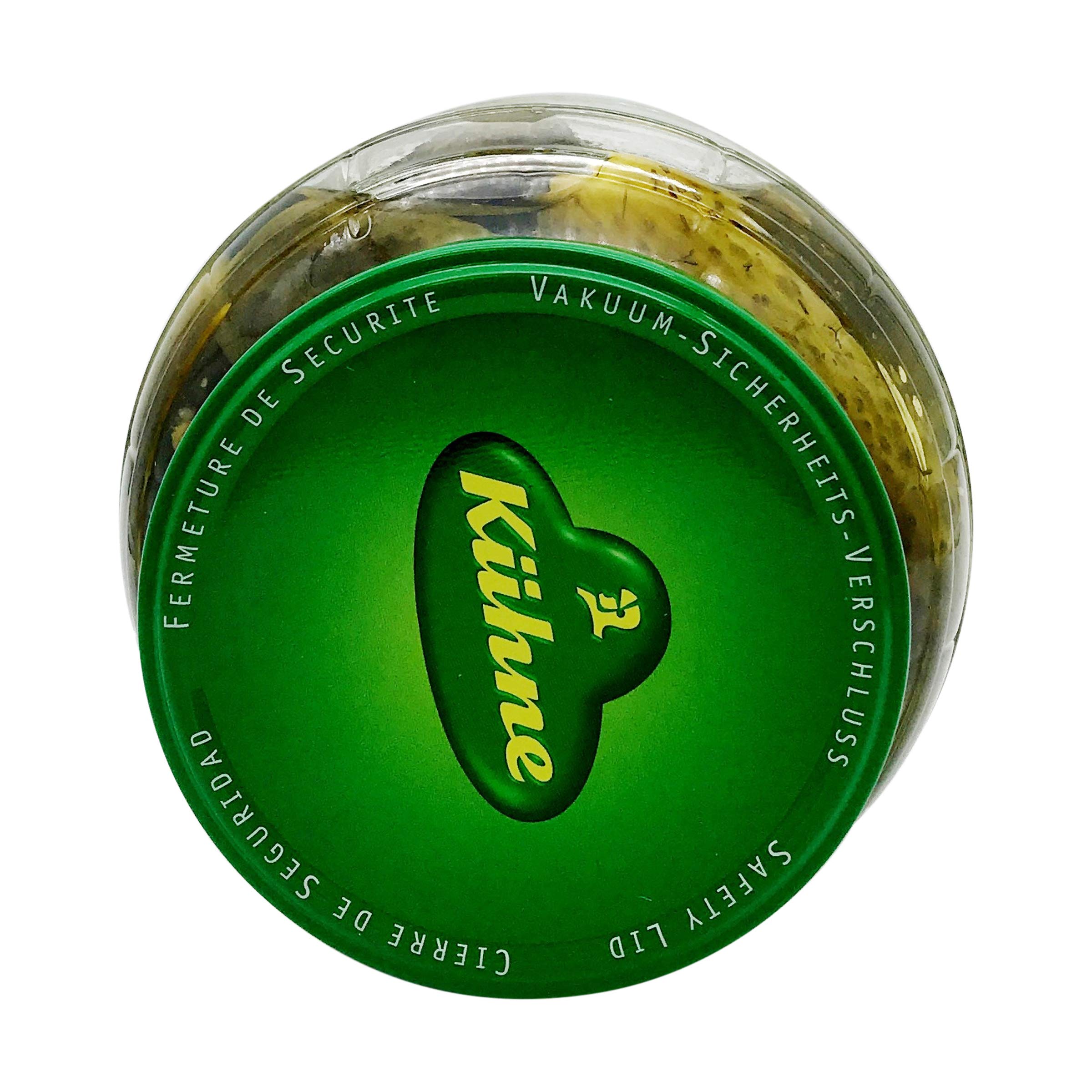 Kühne Gundelsheim Barrel Pickles jar being opened reveals crunchy texture.