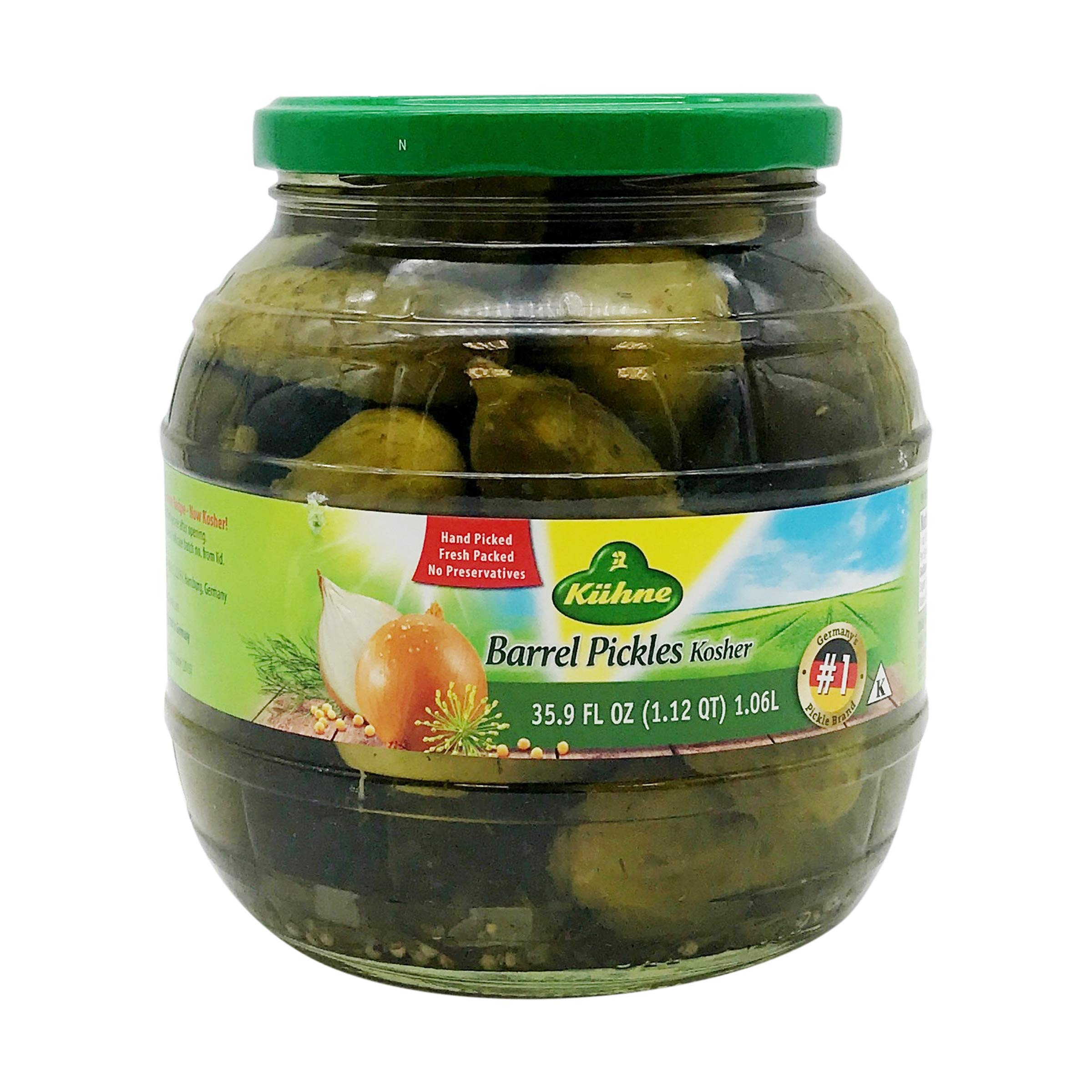 Kühne Gundelsheim Barrel Pickles jar on pantry shelf showing crisp dill flavor for sandwiches.