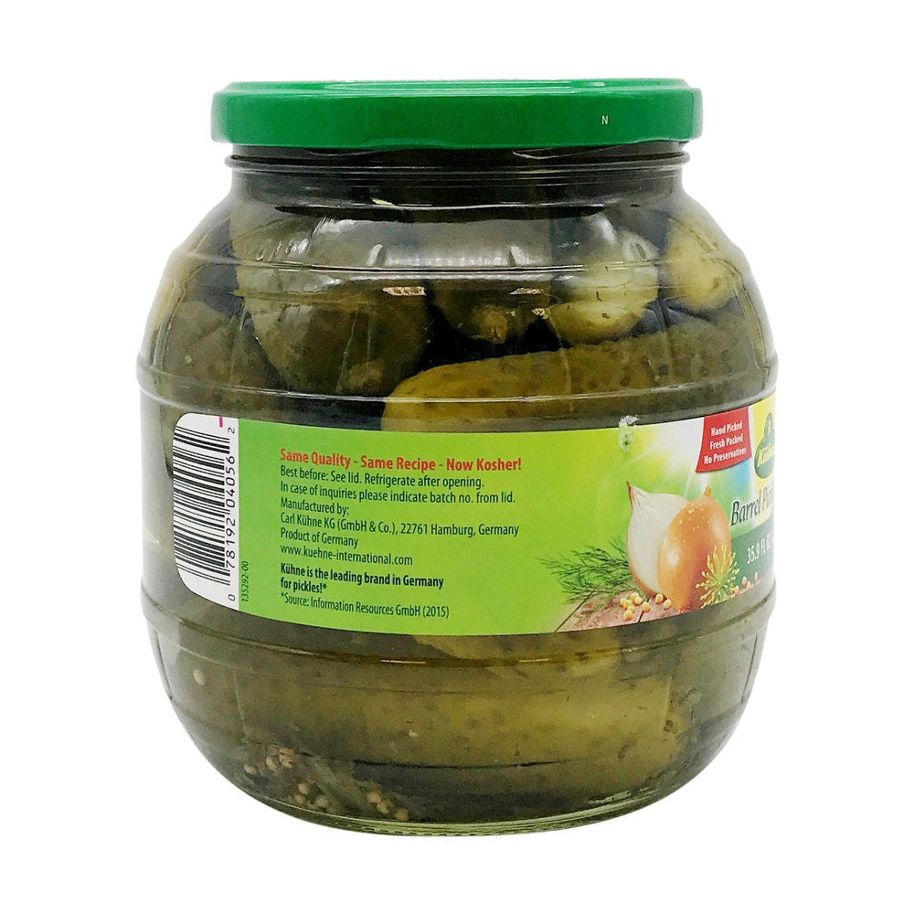 Kühne Gundelsheim Barrel Pickles slices in a glass jar for deli platters.
