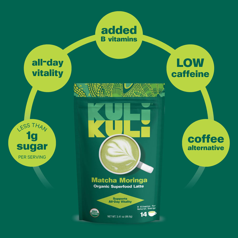 Kuli Kuli Mo Matcha Moringa Latte finished drink with steam and aroma