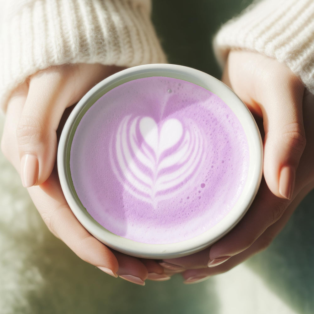 Kuli Kuli Mo Superfood Latte Ube Concentrate hot latte prepared in minutes