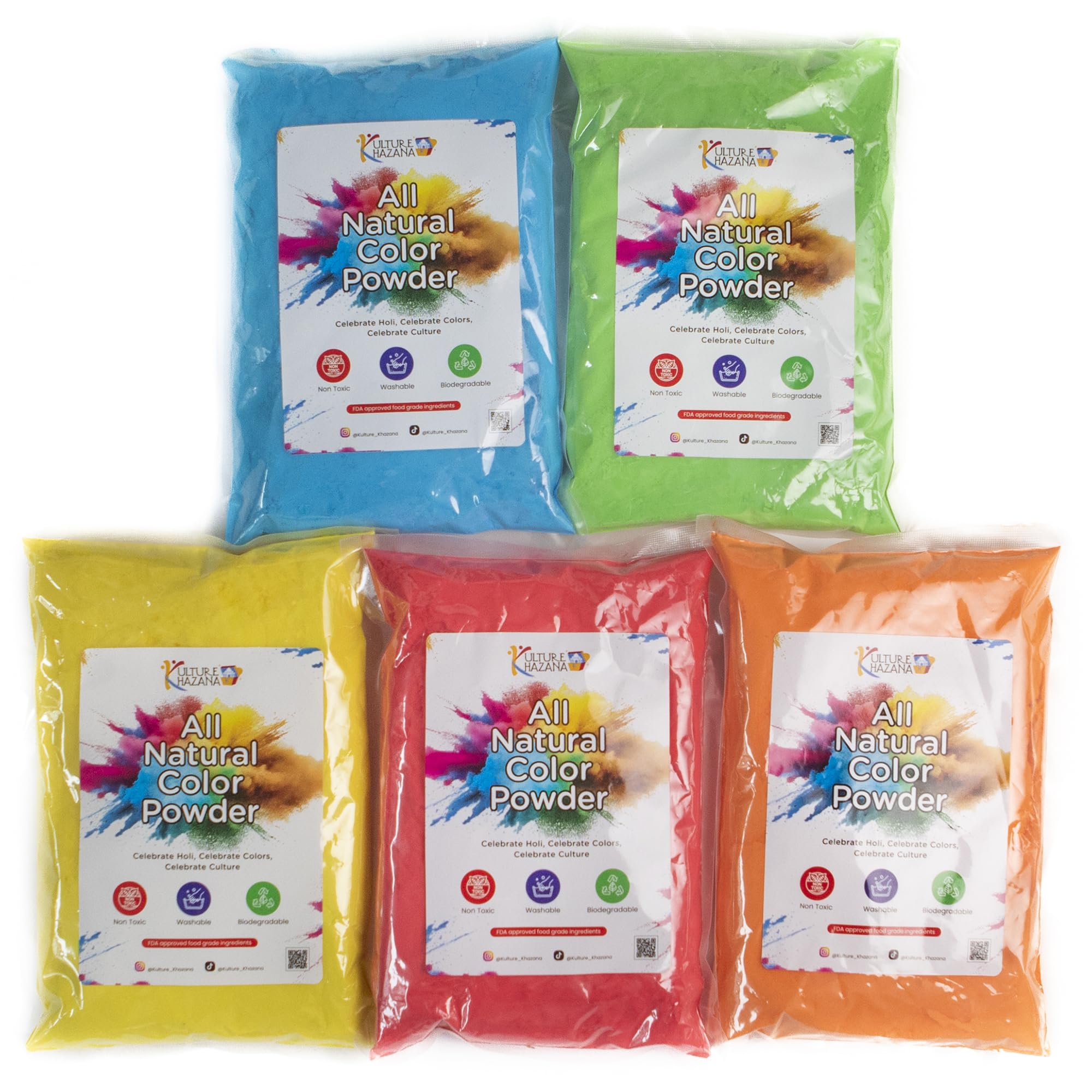 Kulture Khazana Holi color powder 5-pack in bright hues for festive celebrations.