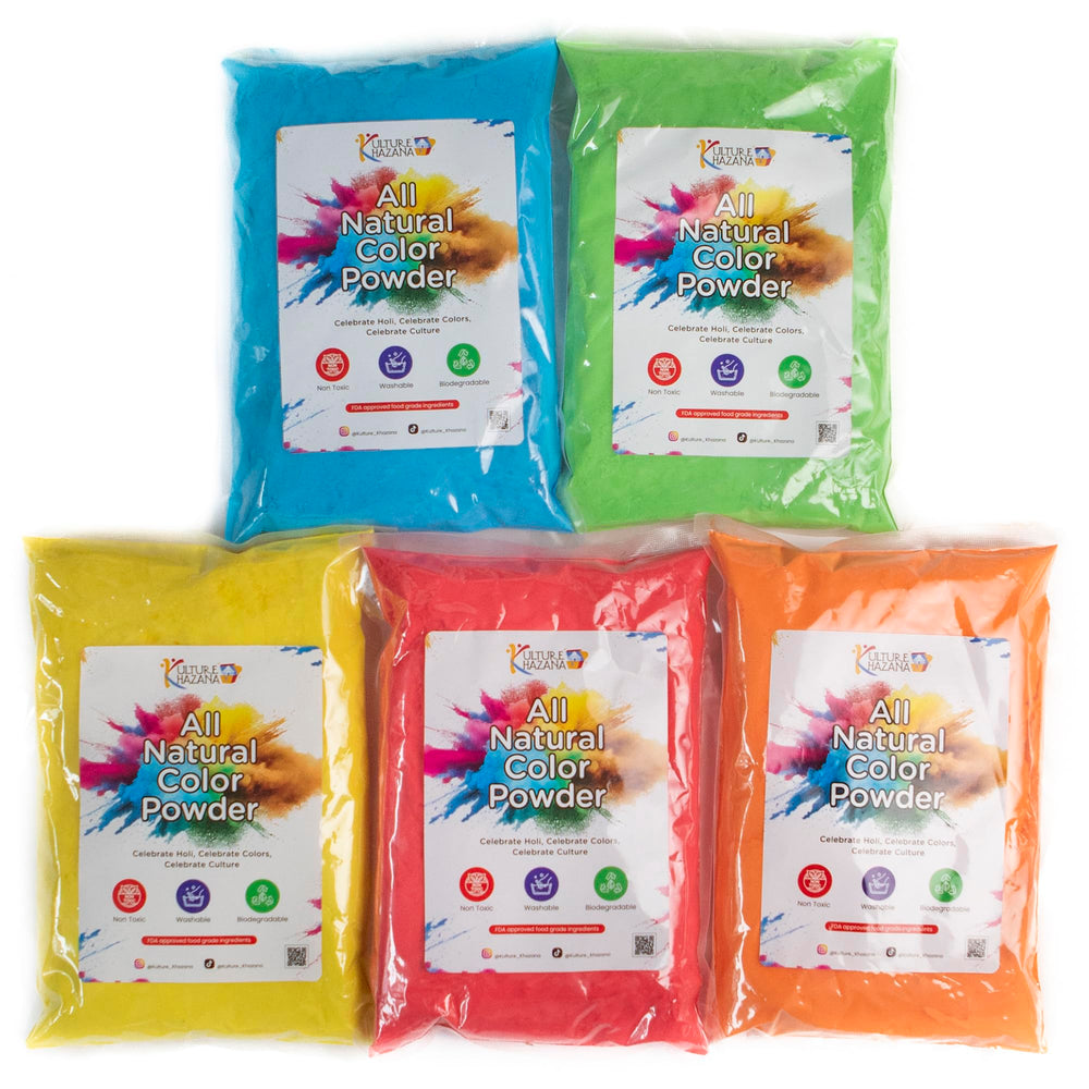 Kulture Khazana Holi color powder 5-pack in bright hues for festive celebrations.