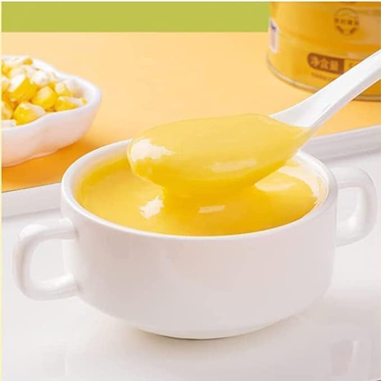 Kunbry corn soup can label shows 600g size and production date.