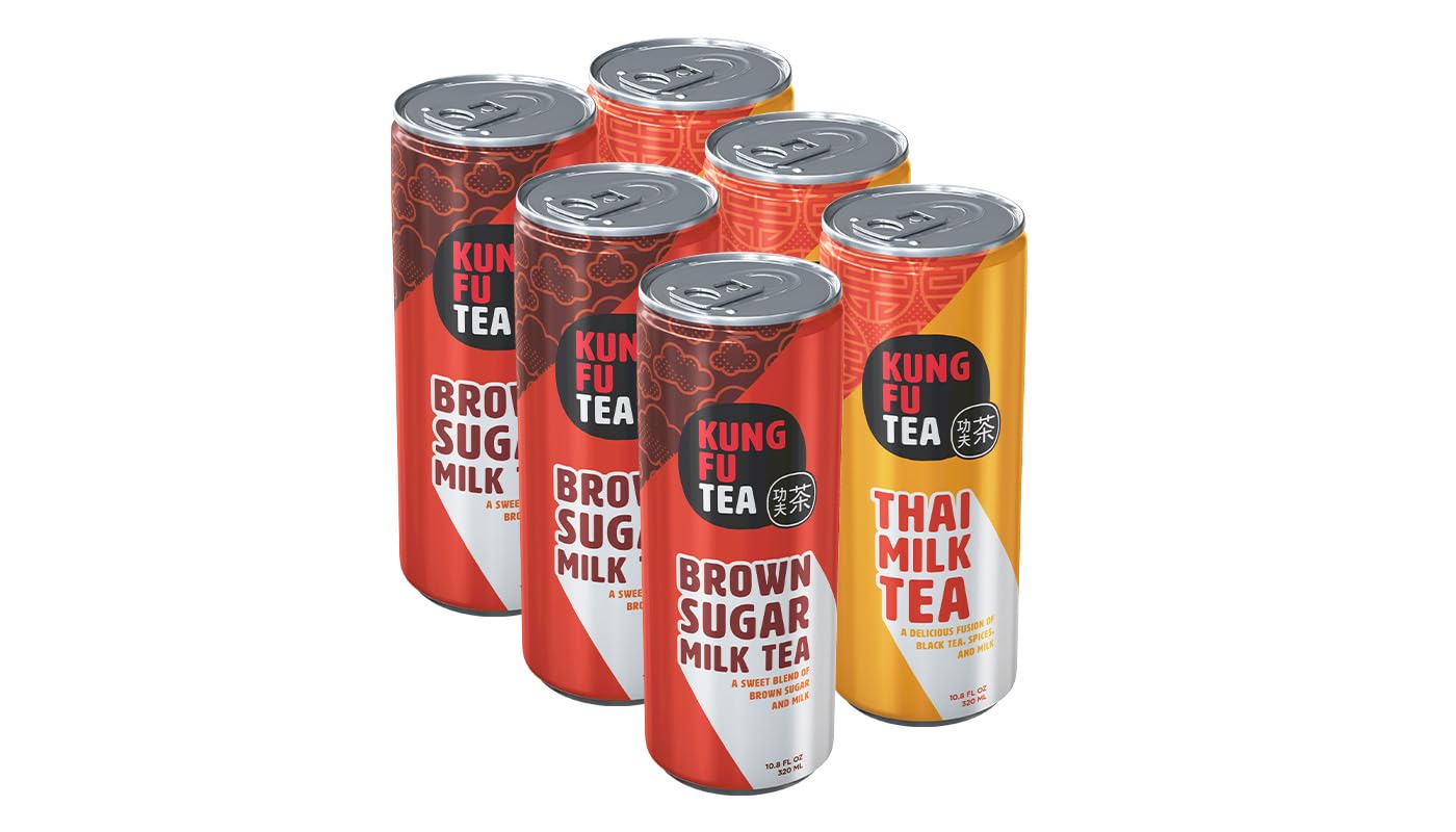Kung Fu Tea cans on table with ice ready to sip at home or during a break.