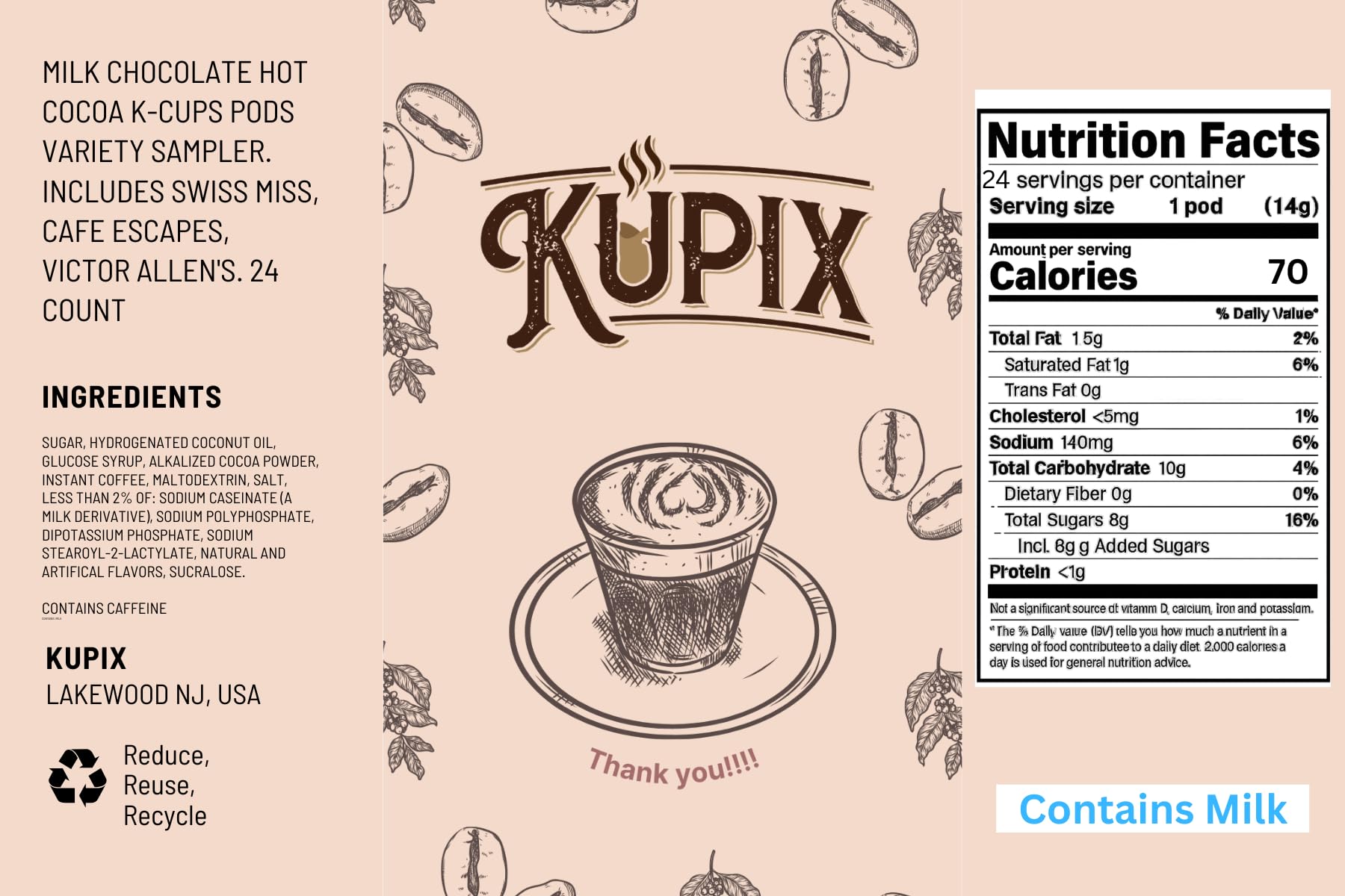 KUPIX assorted hot cocoa K-Cups in a 24-count variety pack, ideal for sharing.