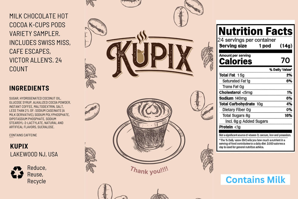KUPIX assorted hot cocoa K-Cups in a 24-count variety pack, ideal for sharing.