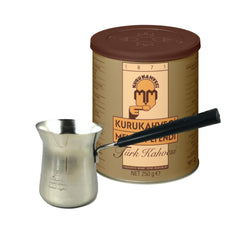 Kurukahveci Mehmet Efendi cezve set close-up for authentic Turkish coffee ritual