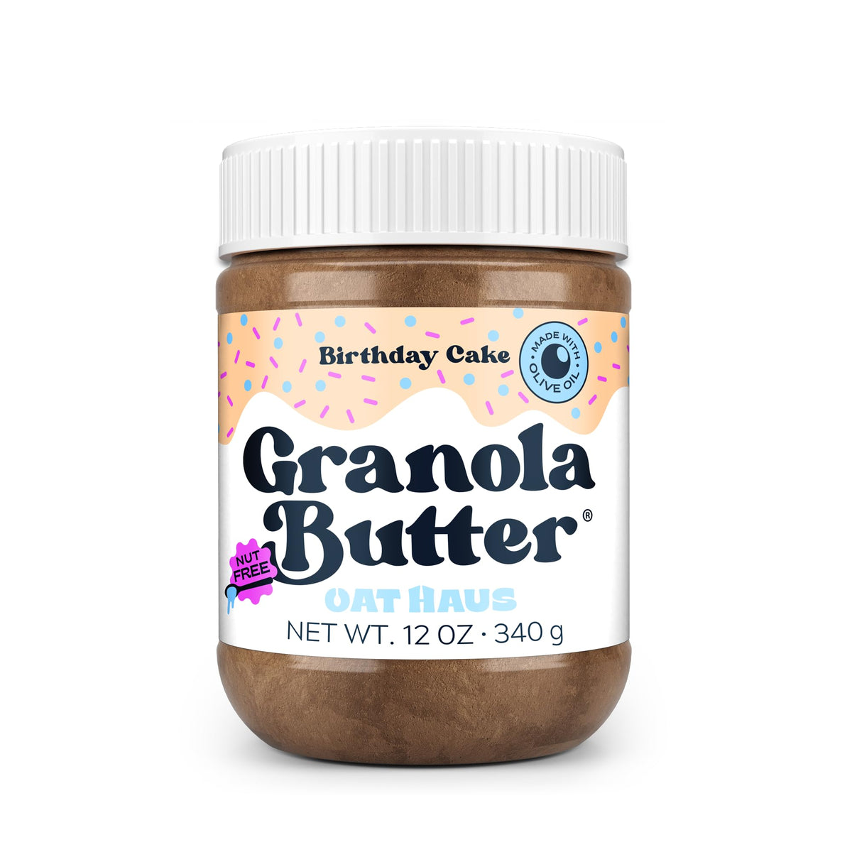KWEEN Oat Haus Birthday Cake Granola Butter in a jar, creamy and allergen-free.