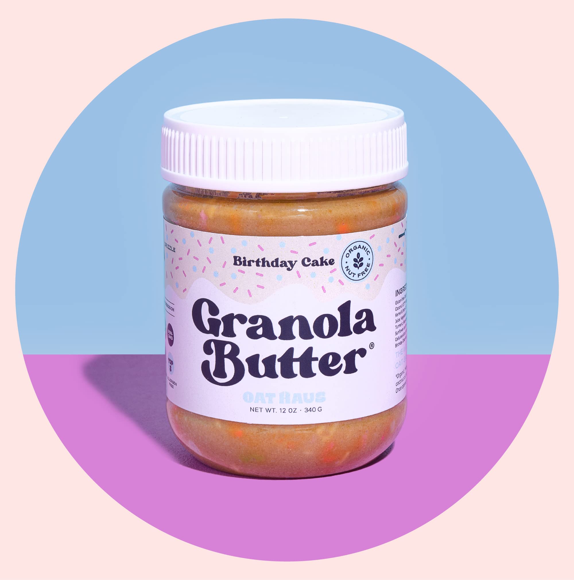 Packaging of KWEEN Oat Haus Birthday Cake Granola Butter highlighting allergen-free claim.