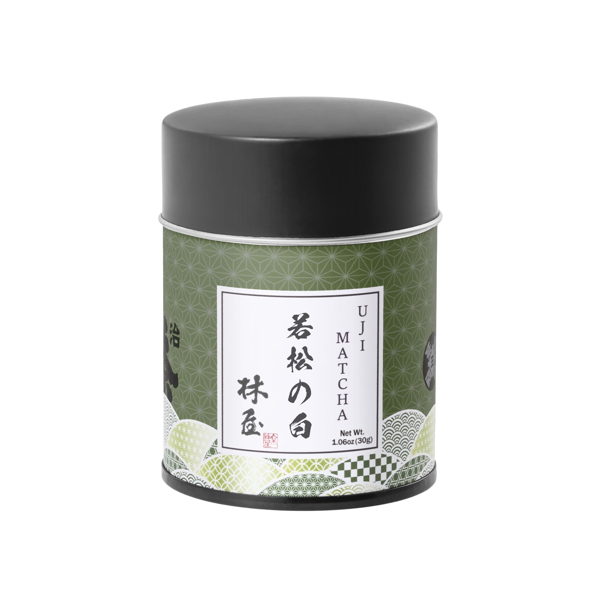 KYOHAYASHIYA matcha jar close-up showing ceremonial grade quality and vibrant color.
