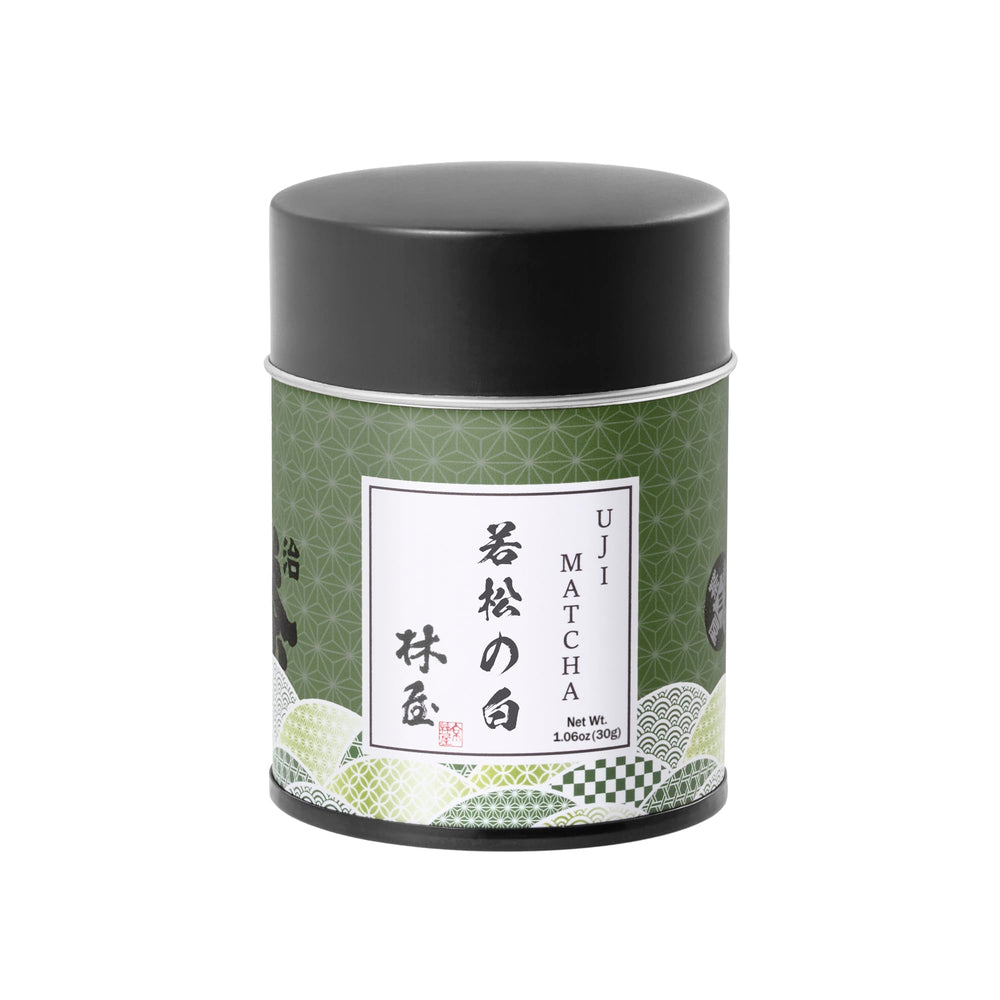 KYOHAYASHIYA matcha jar close-up showing ceremonial grade quality and vibrant color.