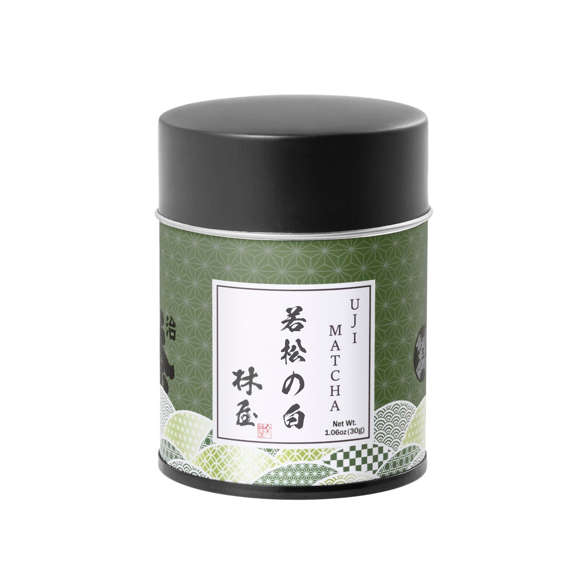 KYOHAYASHIYA matcha jar close-up showing ceremonial grade quality and vibrant color.