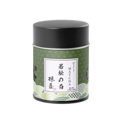 KYOHAYASHIYA matcha jar close-up showing ceremonial grade quality and vibrant color.