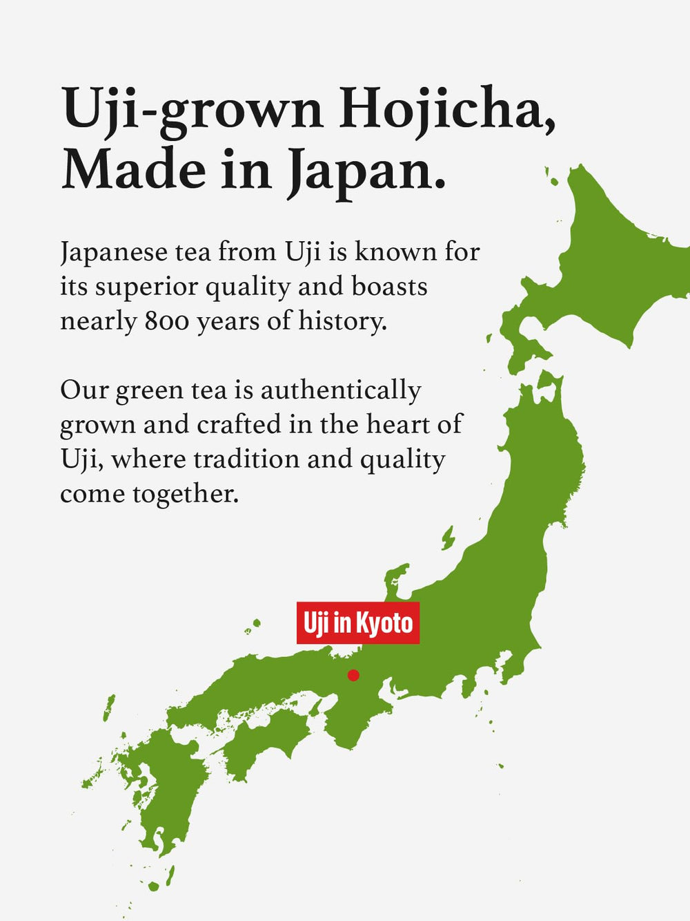 Origin map highlights Kyoto and Uji heritage behind KYOHAYASHIYA hojicha.