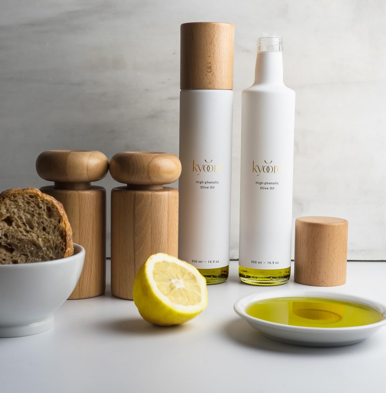 Kyoord High-Phenolic Olive Oil in glass bottle ready for tasting