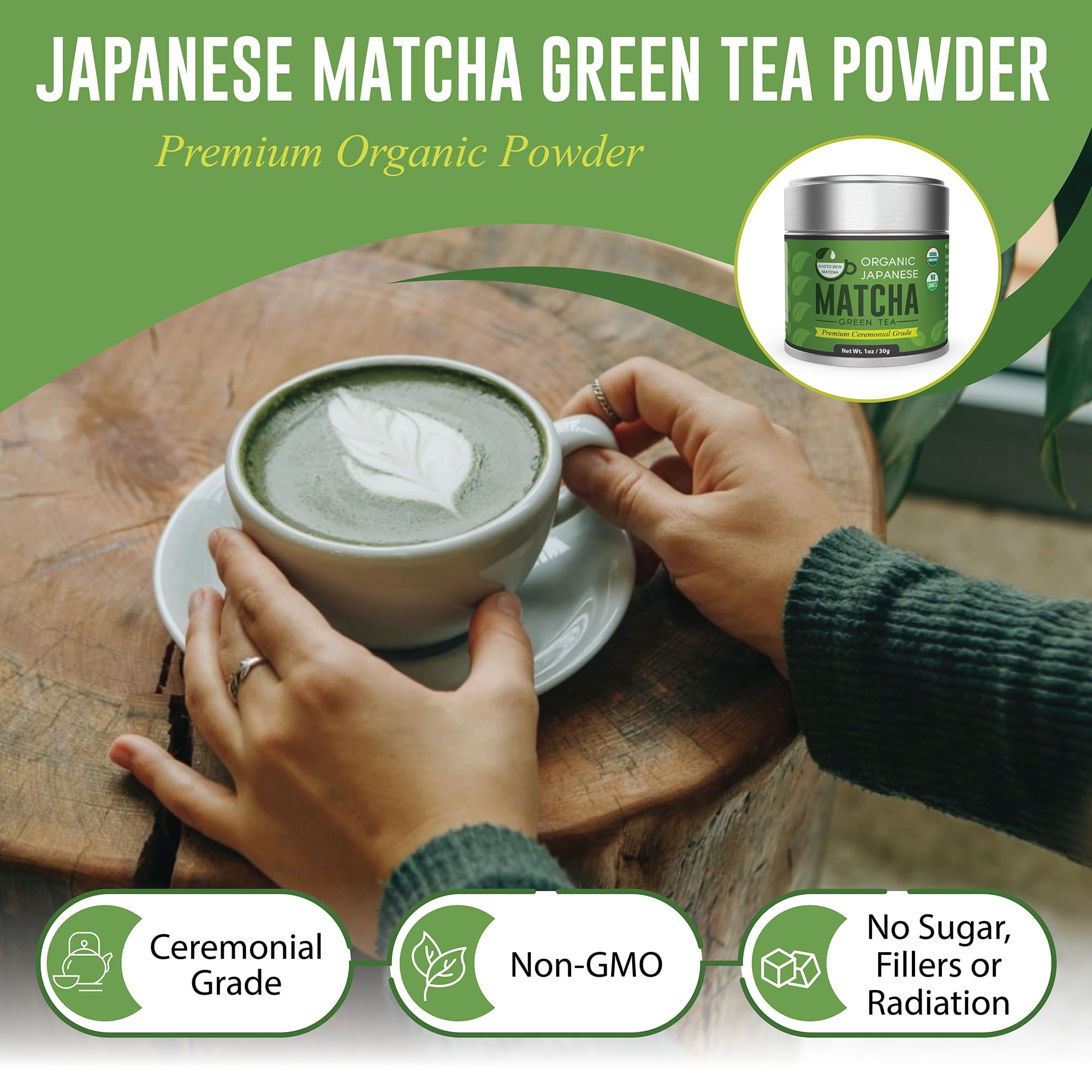 Packaging tin of Kyoto Dew Matcha highlighting USDA Organic certification.