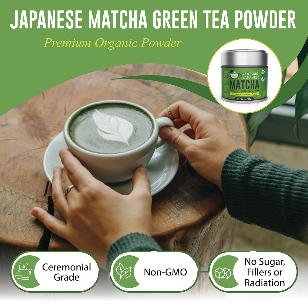 Packaging tin of Kyoto Dew Matcha highlighting USDA Organic certification.