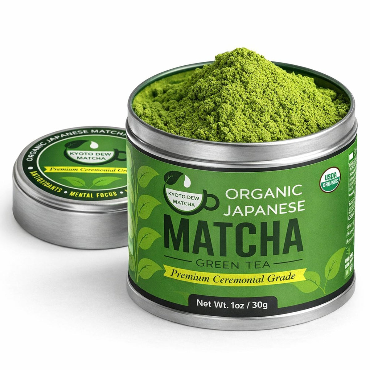 Kyoto Dew Matcha ceremonial tin closeup showing premium powder for daily rituals.