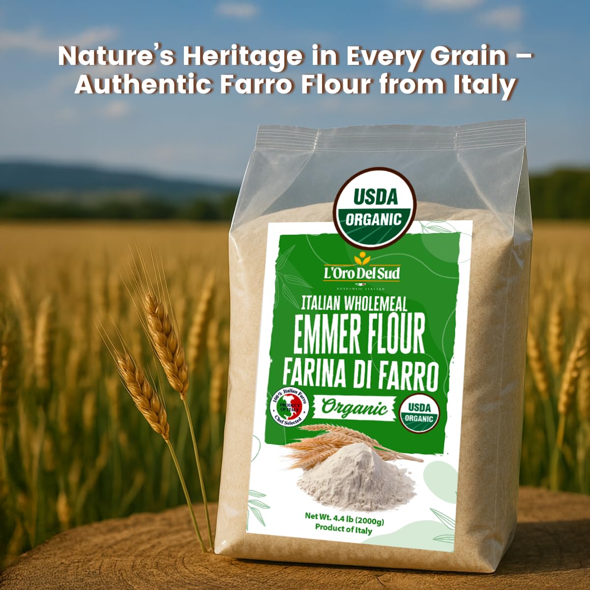 L'Oro Del Sud Emmer flour milled in Italy for home baking.