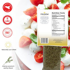 Closeup of ground oregano leaves from L'Oro Del Sud highlighting fine seasoning.