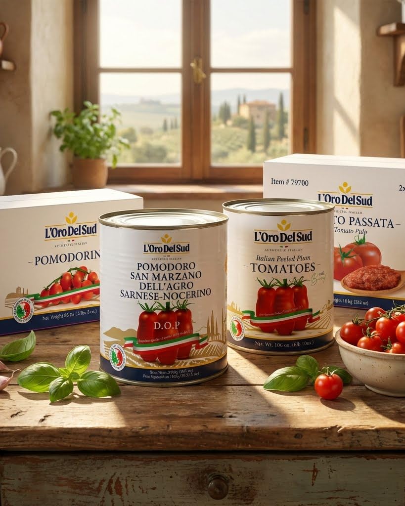 L'Oro Del Sud Italian pantry shot suggests premium authentic ingredients for meals.