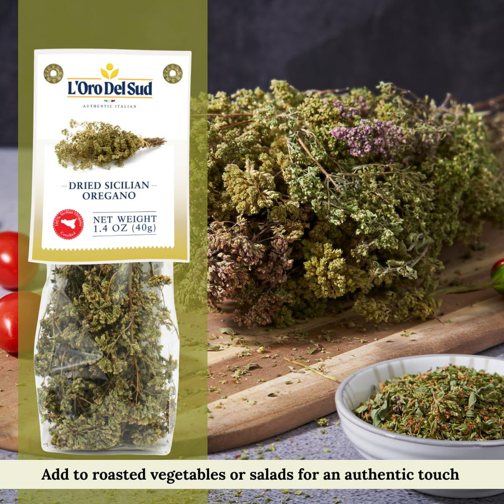 L'Oro Del Sud oregano closeup leaves show aromatic character.