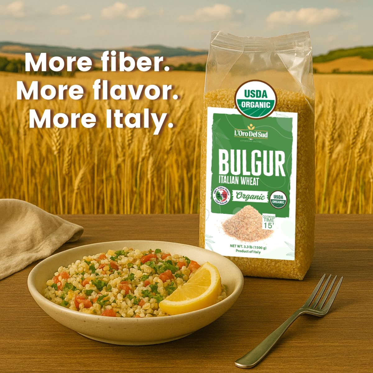 L'Oro Del Sud organic bulgur wheat pack on pantry shelf
