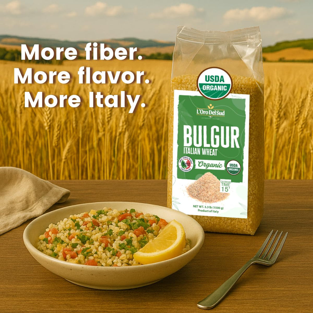 L'Oro Del Sud organic bulgur wheat pack on pantry shelf