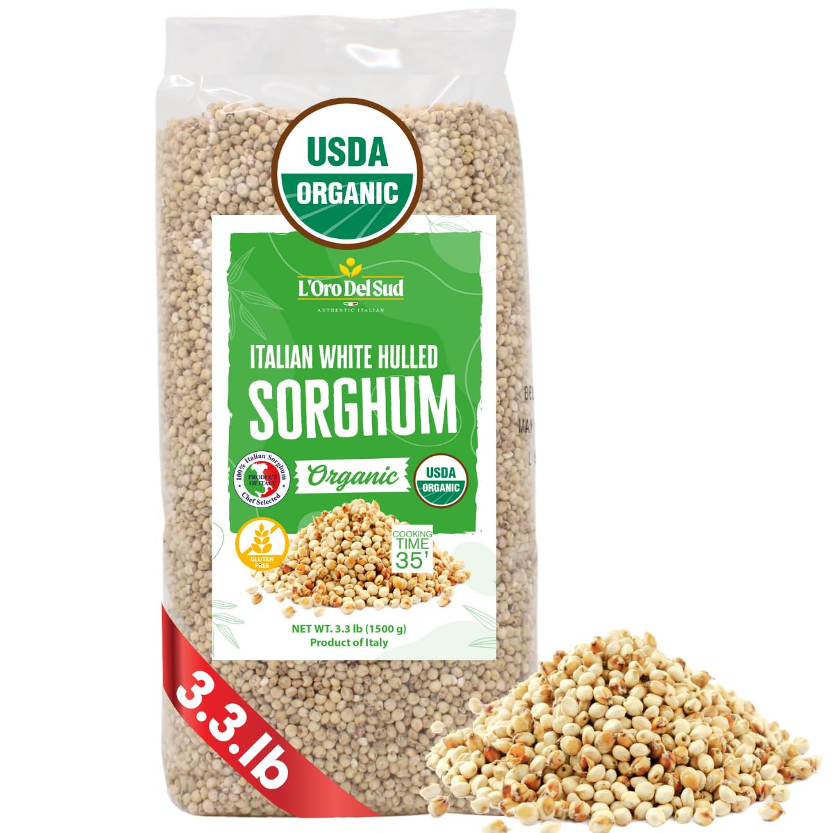 L'Oro Del Sud organic sorghum packaging – gluten-free, fiber-rich grain for soups