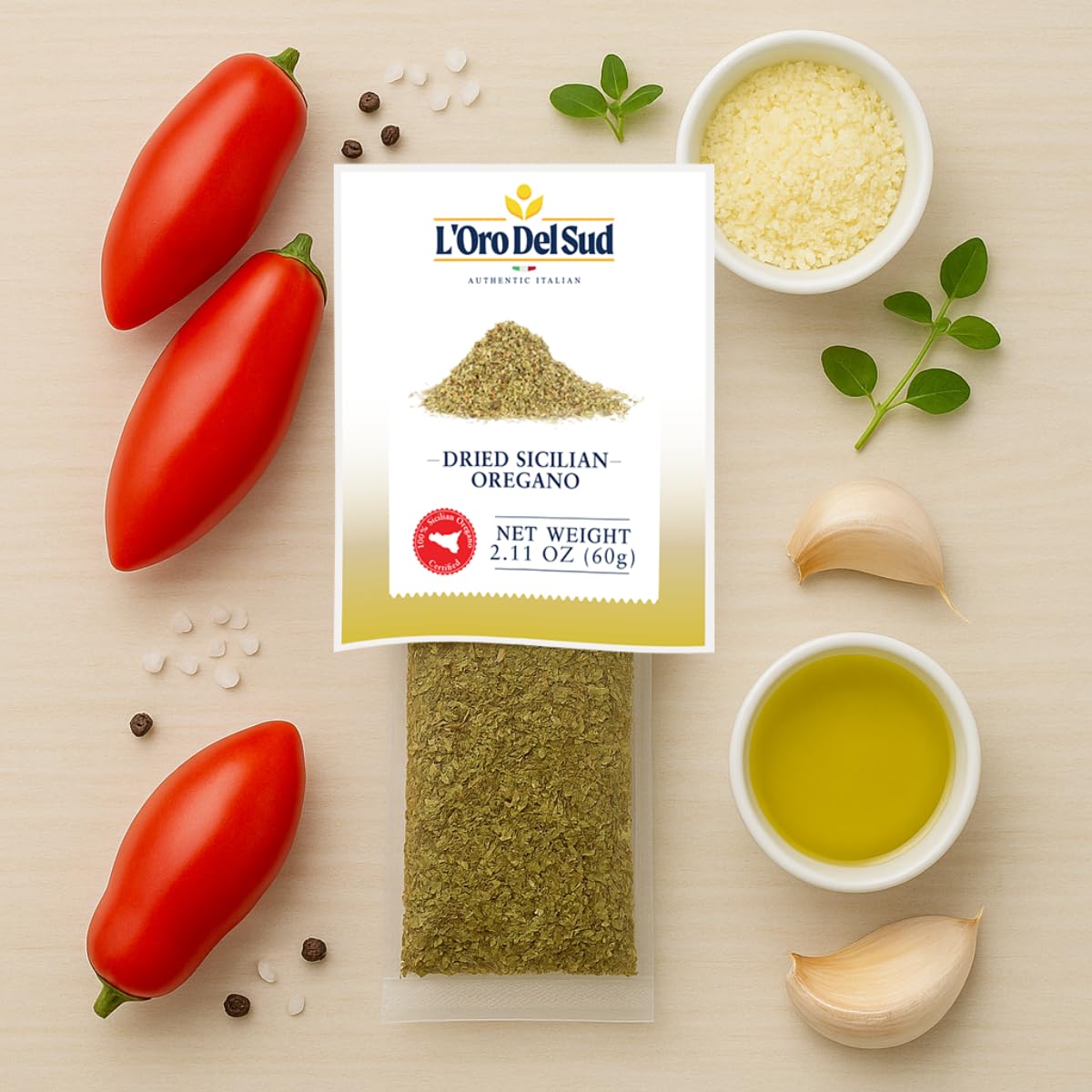 Product of Italy label emphasizes authentic oregano flavor for cooking.