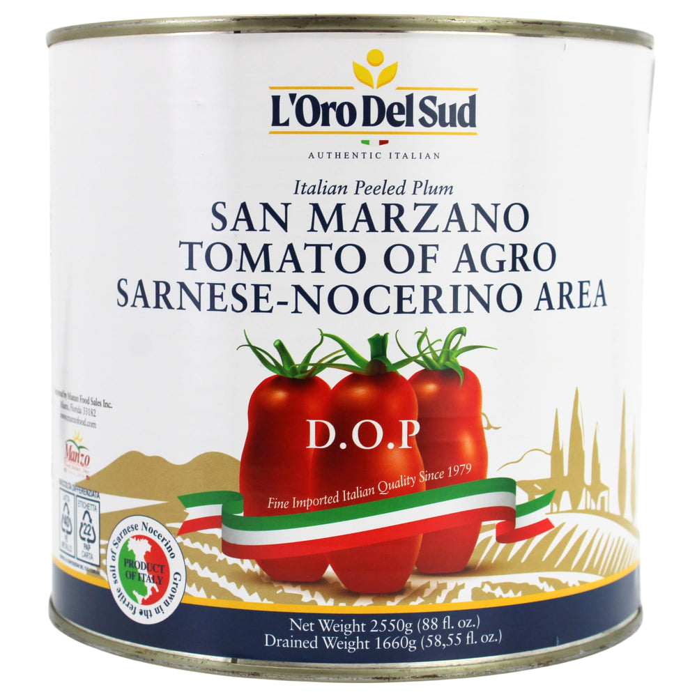 L'Oro Del Sud San Marzano DOP tomatoes in can front, ideal for authentic Italian sauces.