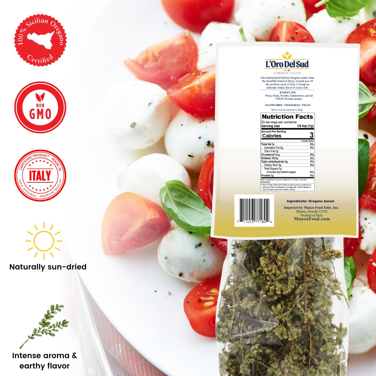 L'Oro Del Sud Sicilian oregano leaves for bright pasta and pizza flavor.