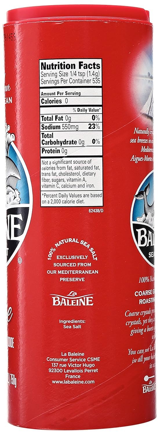 La Baleine coarse salt canister open with visible coarse crystals for seasoning
