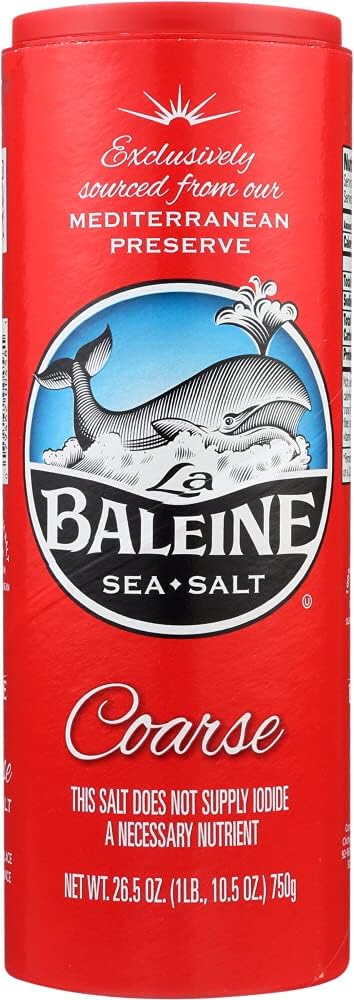 La Baleine coarse salt canister close-up showing authentic French crystals for cooking